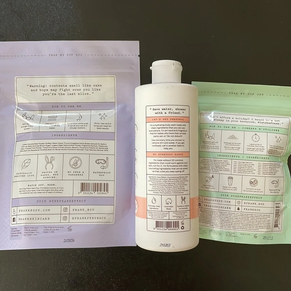 Frank Body Bath Set: body wash, cacao body scrub, coconut body scrub. New! - Picture 2 of 2